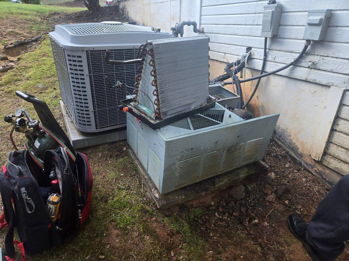 Outdoor HVAC equipment opened for service